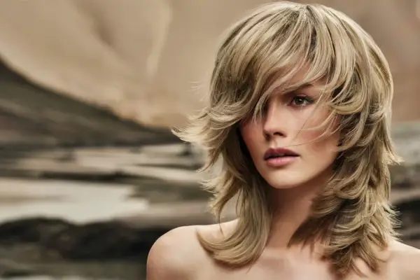 Une femme au regard intense arbore une coupe long dessus court côté, ses cheveux blonds encadrant son visage avec légèreté.