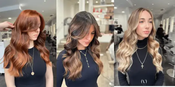 Trois femmes arborent des chevelures magnifiques : un carré flou wavy roux, un carré flou wavy brun avec reflets, et un carré flou wavy blond.