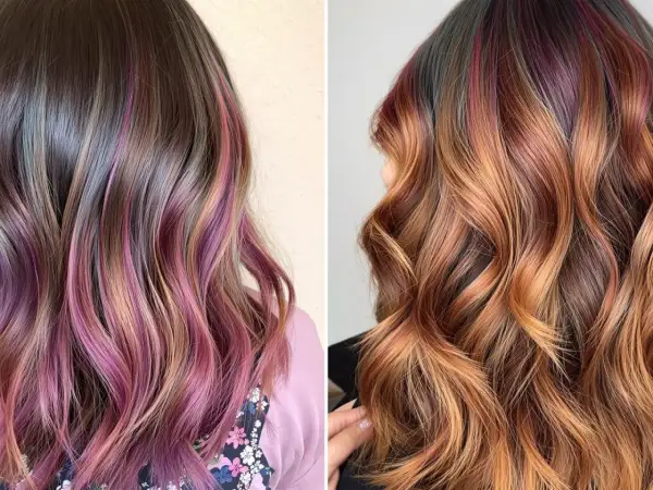 Chevelure brune avec des mèches roses et violettes subtiles, et une autre chevelure aux reflets cuivrés et auburn, avec des mèches 2 couleurs différentes.