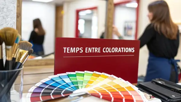 Un éventail de couleurs de cheveux et un panneau "Temps entre colorations sans ammoniaque" dans un salon de coiffure.