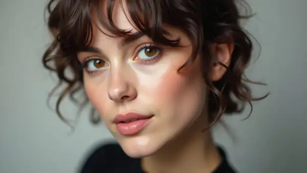 Visage de jeune femme aux cheveux bruns ondulés, coiffés en un léger **comb over** sur le front.