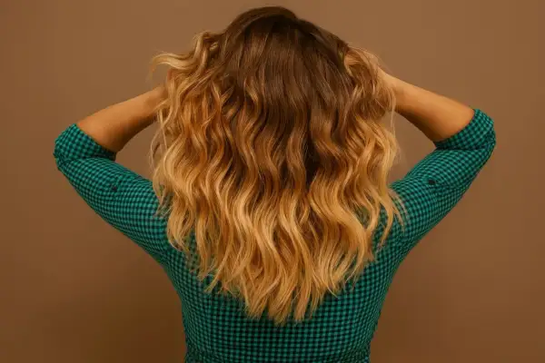 Cheveux ondulés, longs et blonds, avec une chemise verte à carreaux. Quelle routine pour cheveux ondulés ?