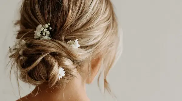 Chignon flou et romantique sur cheveux mi-longs, orné de petites fleurs blanches.