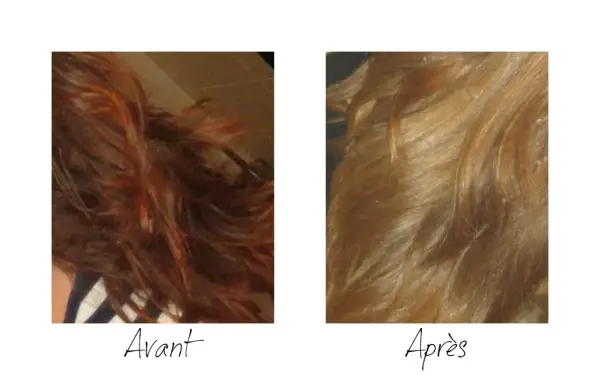 Avant : cheveux roux flamboyants. Après : une transformation réussie pour passer du roux au blond cendré, plus doux et lumineux.