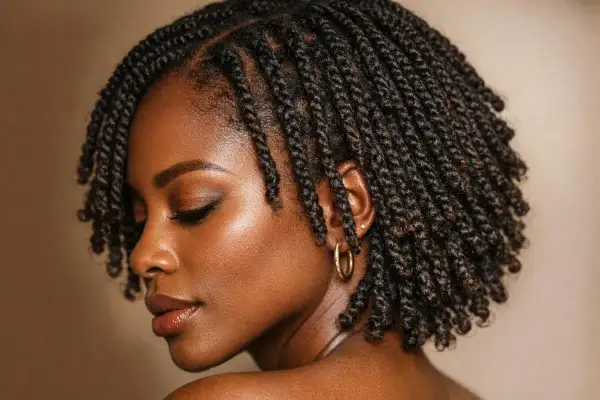 Une femme avec une tresse serrée et une boucle d'oreille dorée.