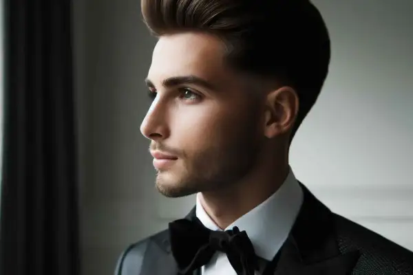 Un jeune homme élégant, coiffé d'un taper long, porte un smoking noir et un nœud papillon.
