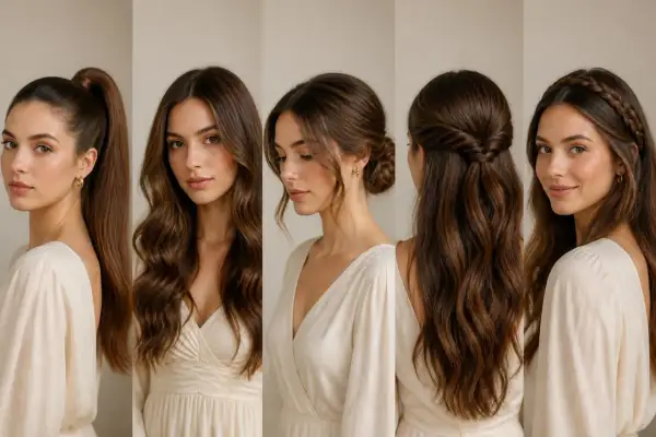 Coiffure soirée cheveux long : queue de cheval haute, ondulations, chignon bas, torsades et tresse.