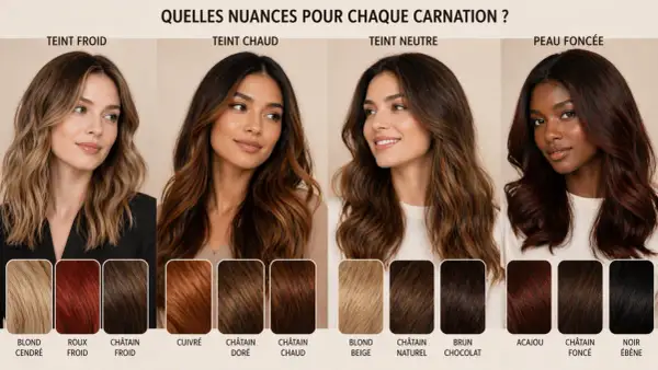 Guide de colorimétrie cheveux : 4 carnations (froide, chaude, neutre, foncée) avec des exemples de teintes capillaires pour chaque type de peau.