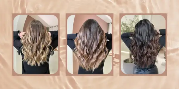Trois femmes aux cheveux ondulés et colorés, montrant des dégradés subtils. La coloration met en valeur la texture des cheveux poreux.