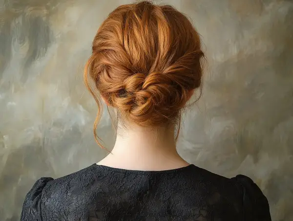 Un chignon cheveux bouclés roux, tressé avec élégance, orne la nuque d'une femme portant une robe noire en dentelle.
