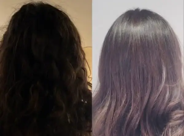 Avant/après : cheveux ternes et frisés transformés en une chevelure lisse et brillante grâce au soin botox cheveux.