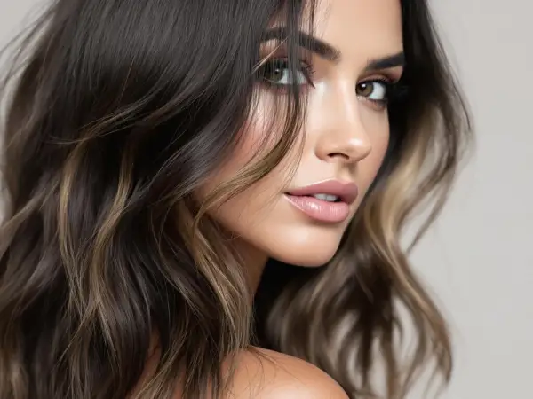 Magnifique femme aux cheveux noirs avec un balayage subtil, mettant en valeur des mèches blondes et châtain.