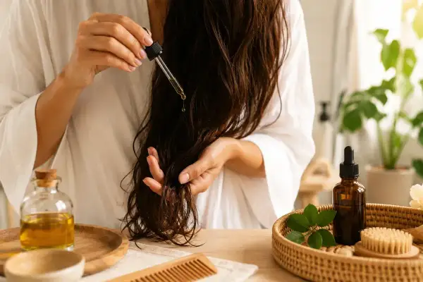 Application d'un sérum capillaire pour une recette bain d'huile cheveux pousse. Huiles naturelles et peigne en bois.