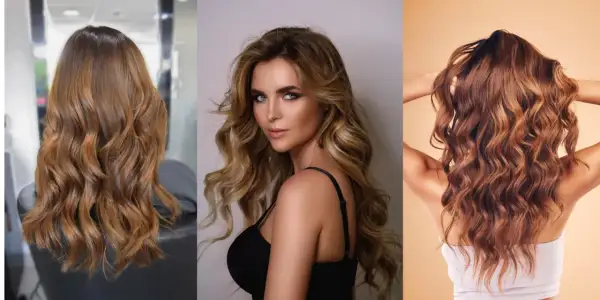 Trois vues de cheveux ondulés aux reflets subtils de mèches blondes et caramel, apportant profondeur et éclat.