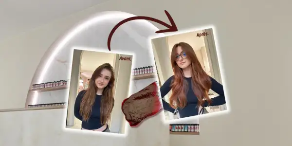 Avant/Après : une jeune femme aux cheveux châtains obtient une coloration fugace, des mèches rousses éclatantes.