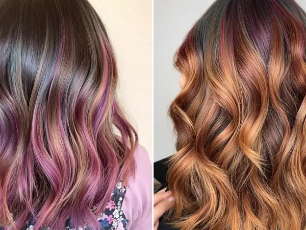 Chevelures ondulées aux reflets roses et cuivrés, une tendance meches cheveux audacieuse et vibrante.