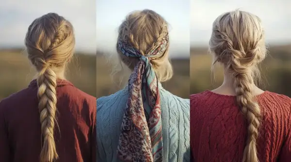 Trois vues de dos de cheveux blonds tressés. Une tresse simple, une tresse avec un foulard, et une tresse plus lâche.