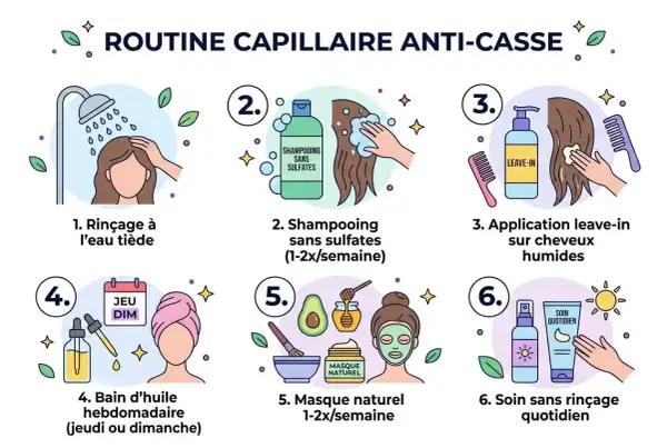 Routine capillaire anti-casse : rinçage, shampooing sans sulfates, leave-in, bain d'huile, masque naturel, soin quotidien. Aide à lutter contre les cheveux cassants, signe d'une carence.