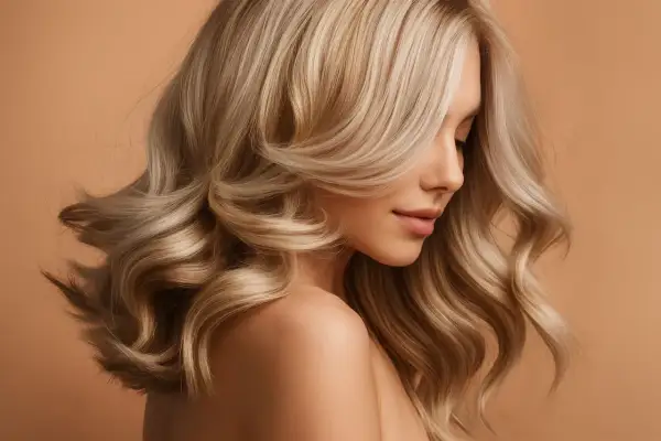 Une femme avec de magnifiques cheveux décolorés, ondulés et brillants, posant sur un fond beige.