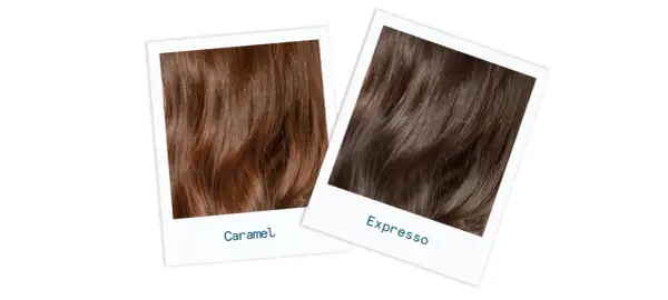 Deux échantillons de cheveux, l'un brun caramel, l'autre brun expresso, montrent des nuances de brun ou châtain.